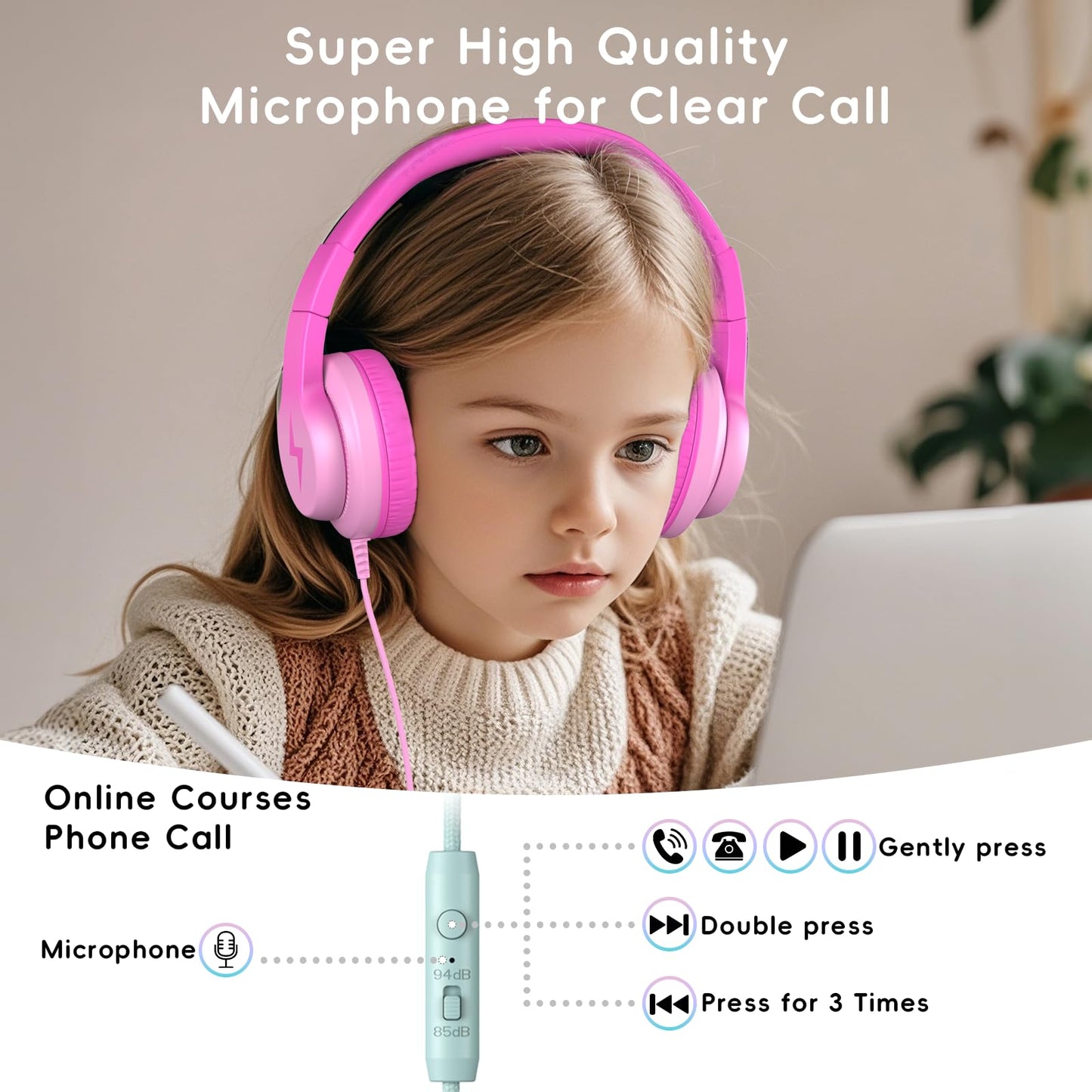 Candy Bila Kids Headphones, Wired Headphones for Kids Over Ear with Microphone, 85/94dB Volume Limiter Headphone for Girls Boys, Foldable Headphone for Learning & Entertainment, Gradient Deep Pink