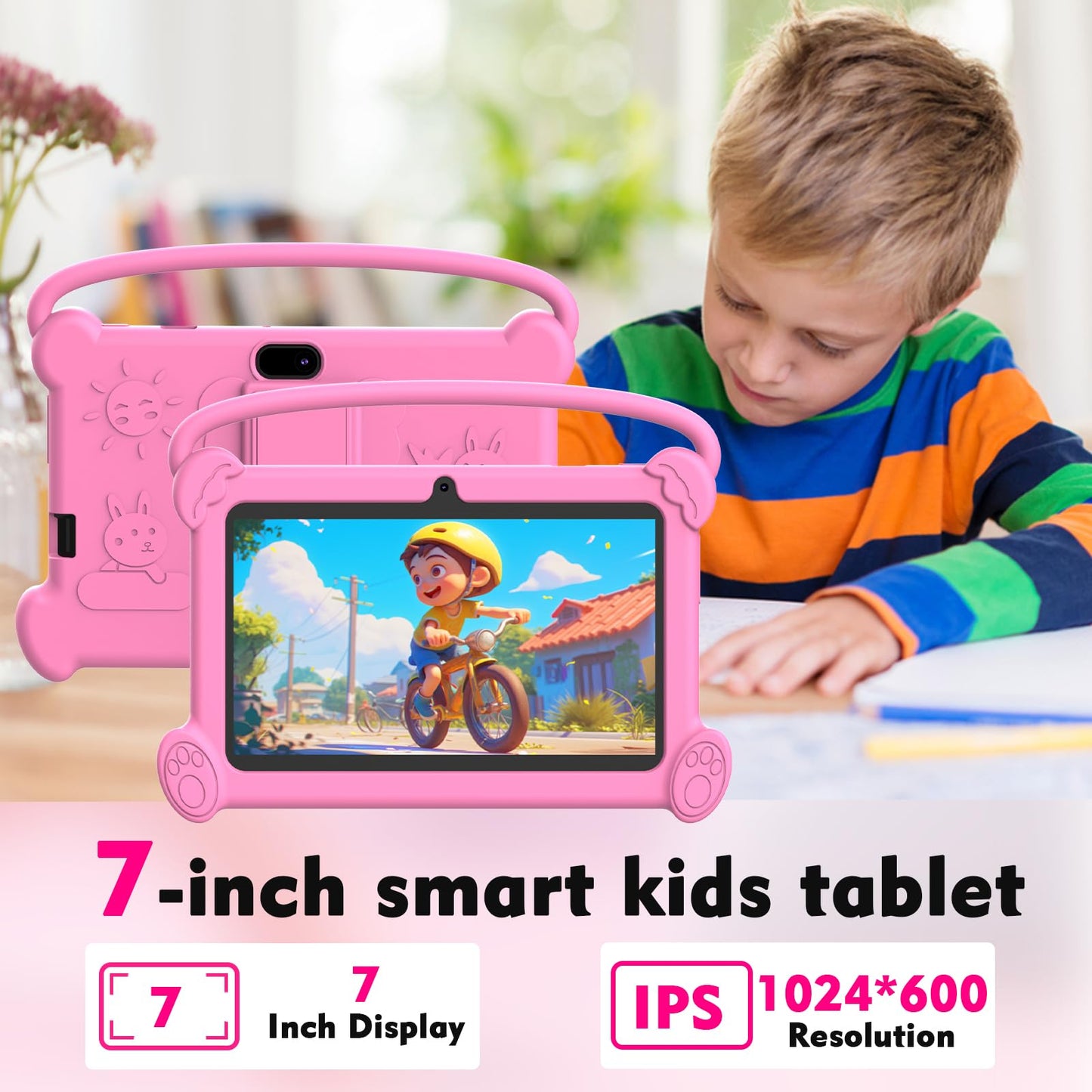 Kids Tablet 7 inch 3-9 for Kids,32GB ROM Toddler with Shockproof Case,Kids Android Software Installed Netflix,YoutTube, aiwawa Apps Parent Controls,Dual Camra, WiFi,FM, GPS (Pink)