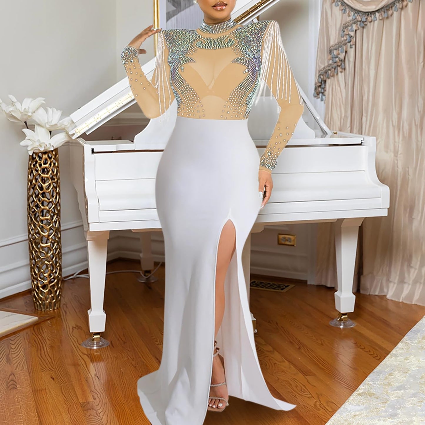 Women's Sexy Rhinestone Dress Thigh-high Slit Bodycon Maxi Long Dress Club Party Dress(548-apricot-M)