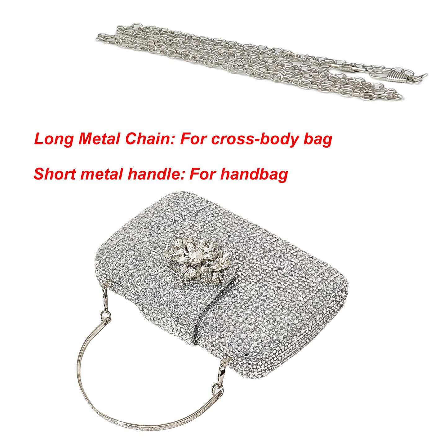Sparkly Rhinestone Unique Evening Bag Women Floral Clutch Handbag Shoulder Bags(White Silver)