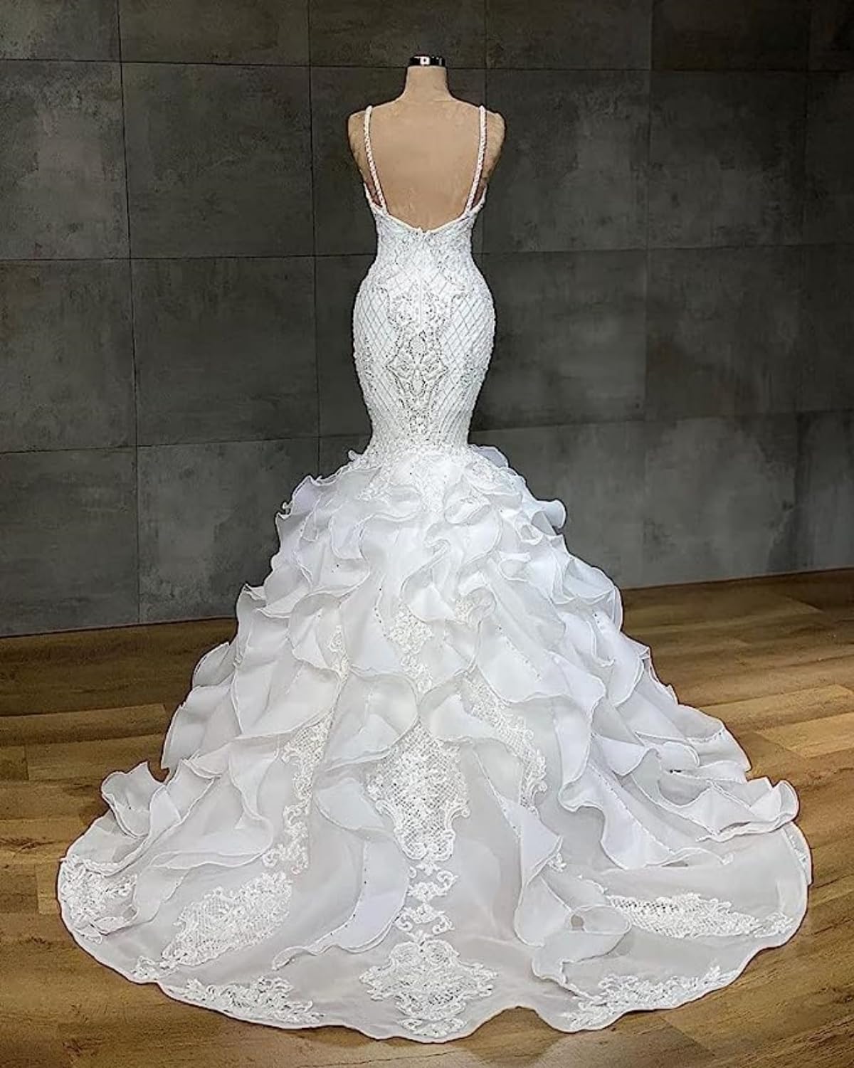 ZHUNASHOW White Lace Organza Mermaid Women's Spaghetti Straps Wedding Dress Long Train Sleeveless Bridal Gown