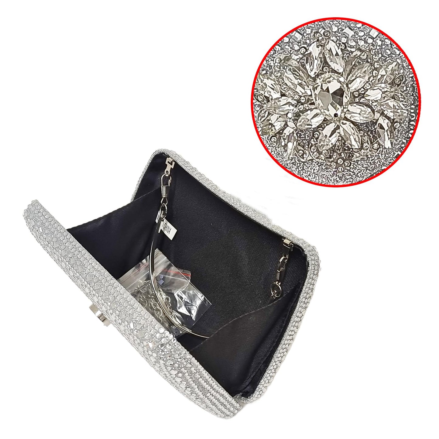 Sparkly Rhinestone Unique Evening Bag Women Floral Clutch Handbag Shoulder Bags(White Silver)