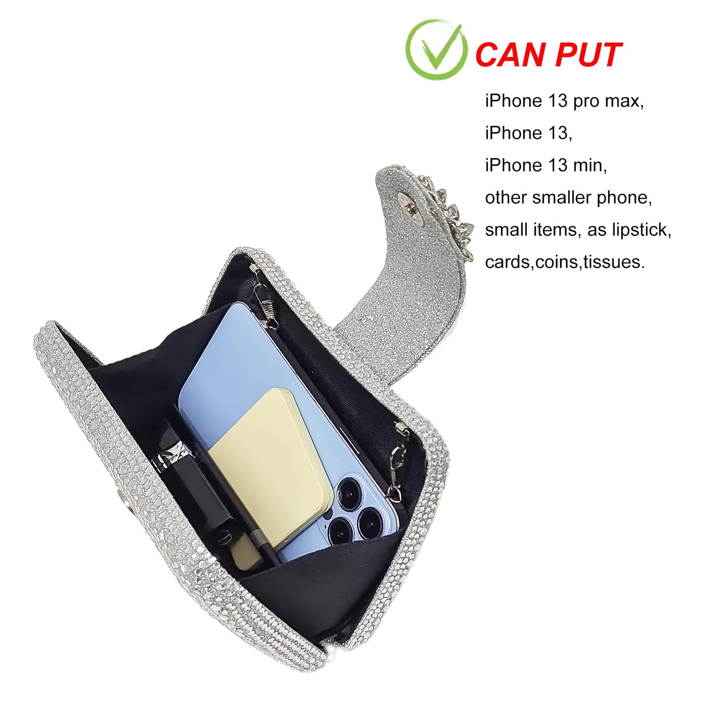 Sparkly Rhinestone Unique Evening Bag Women Floral Clutch Handbag Shoulder Bags(White Silver)
