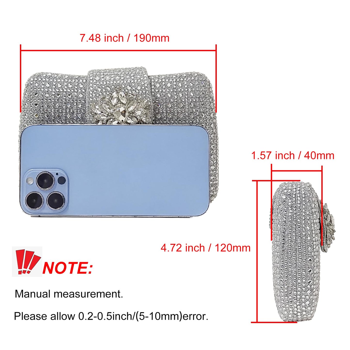 Sparkly Rhinestone Unique Evening Bag Women Floral Clutch Handbag Shoulder Bags(White Silver)