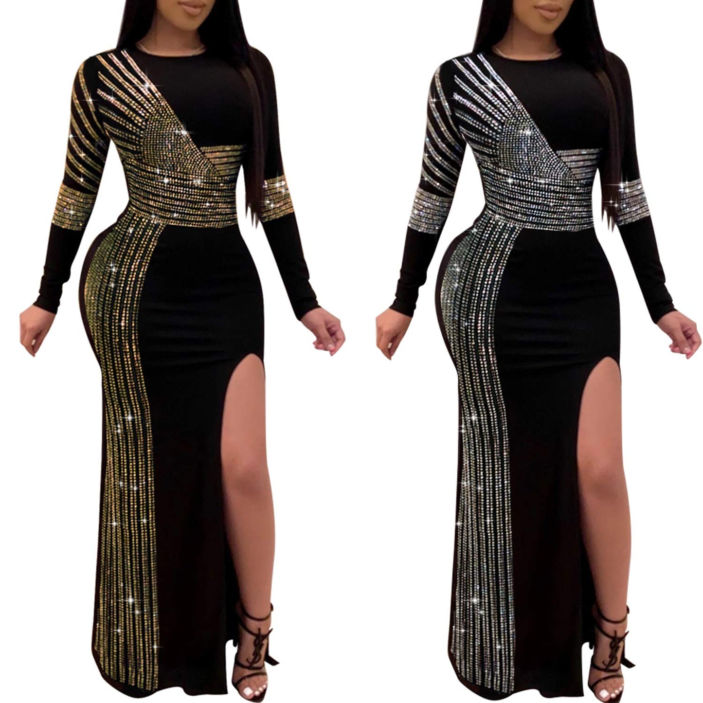 Women Long Sleeve Birthday Dresses Sexy hot Diamond Process Sexy Dress Party Club Night Dress (Golden 8, S)