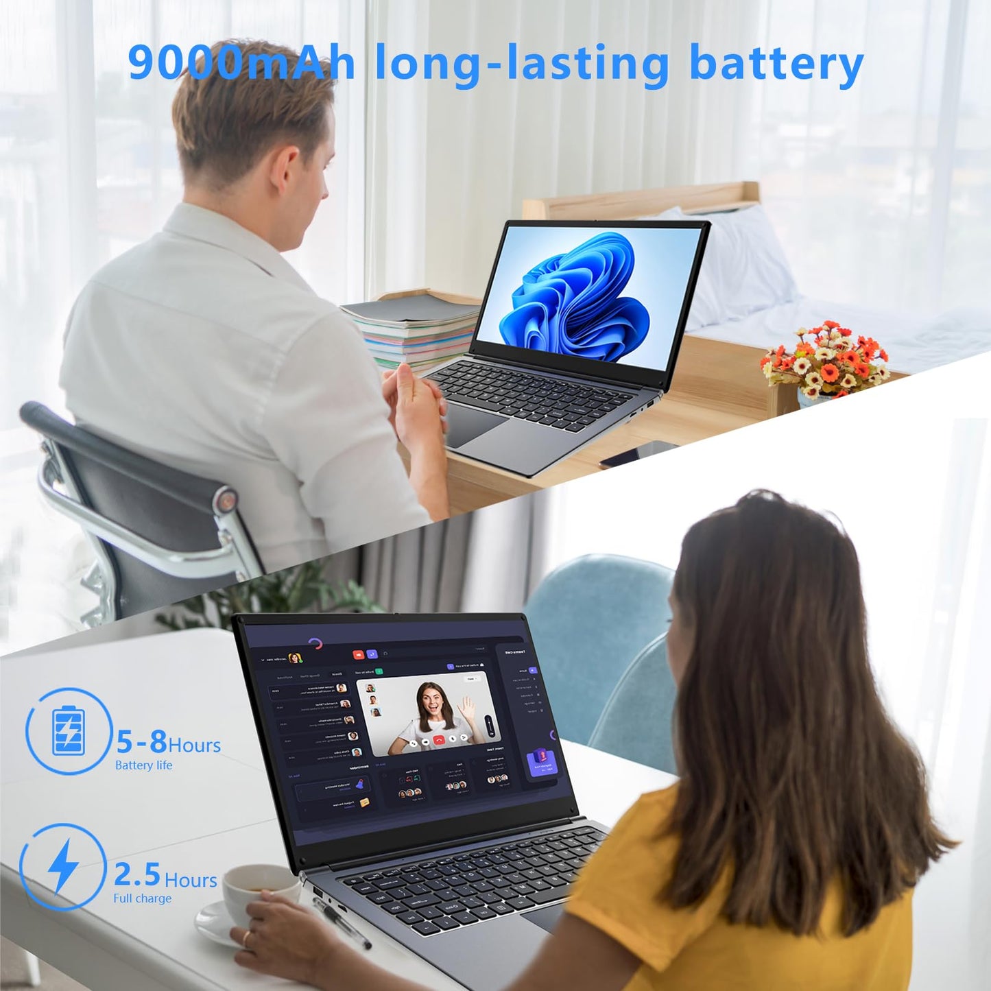 Laptop 16-inch 8GB DDR 256GB SSD Portable Laptop,Expandable to 1TB Pentium Quad-core CPU up to 2.64 GHz 9000mAh Battery Mini HDMI Interface USB3.0 Interface Dual-Band WiFi Webcam Slim laptops