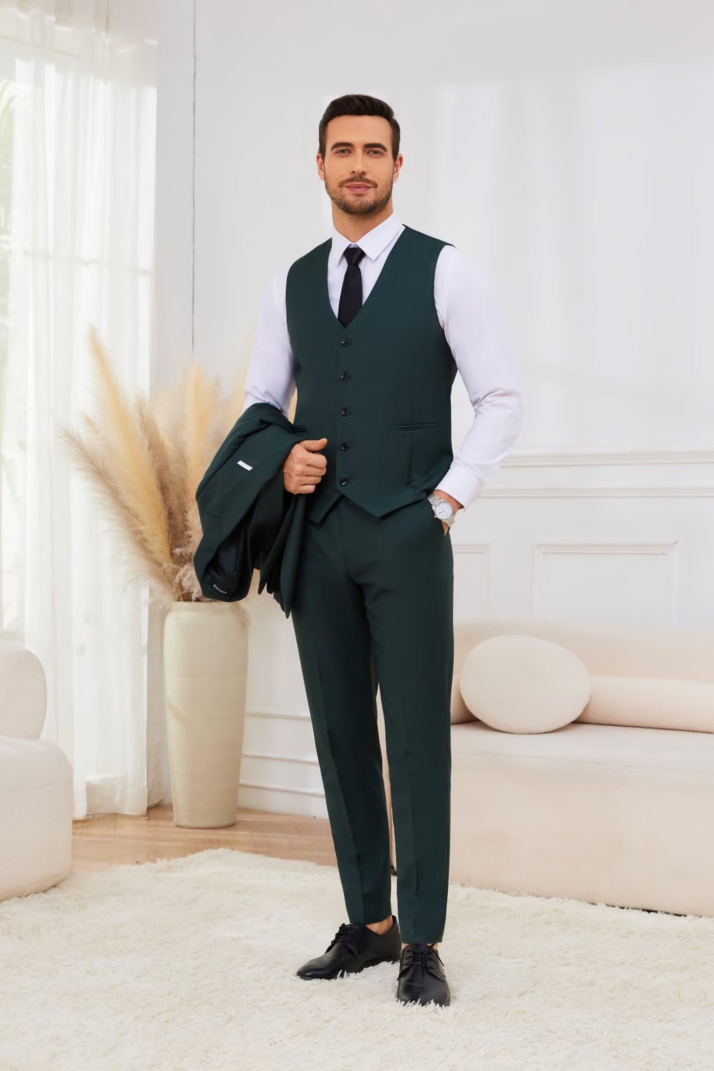 HUUTOE Groomsmen Suit Set Men's Suits Regular Fit 3 Piece Man Wedding Prom Suit Men Suits Slim Fit Traje De Boda para Hombre Dark Green, X-Large