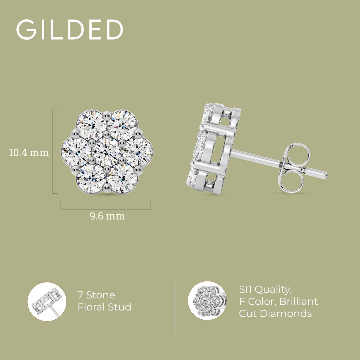 Gilded 2 Carat Total Weight Lab-Grown Diamond Stud Earrings for Women | 925 Sterling Silver | 7-Stone Flower Shaped | Hypoallergenic Fine Jewelry | Prong Setting, Push Back Nut | SI1 Clarity, F Color