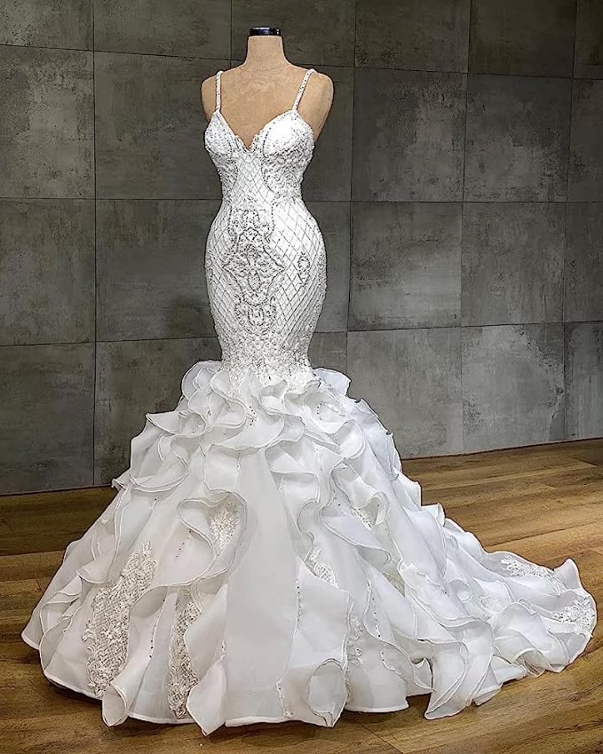 ZHUNASHOW White Lace Organza Mermaid Women's Spaghetti Straps Wedding Dress Long Train Sleeveless Bridal Gown