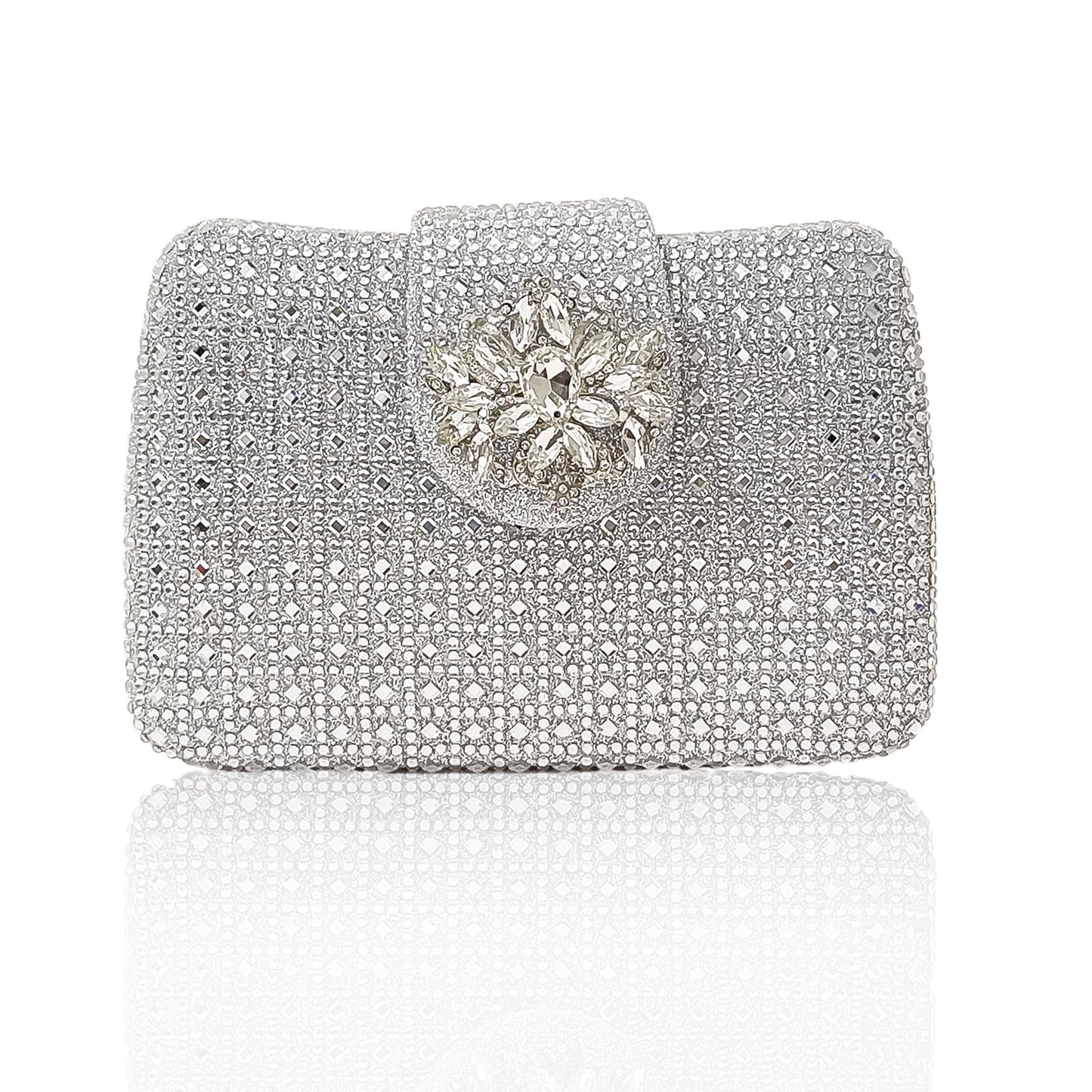 Sparkly Rhinestone Unique Evening Bag Women Floral Clutch Handbag Shoulder Bags(White Silver)