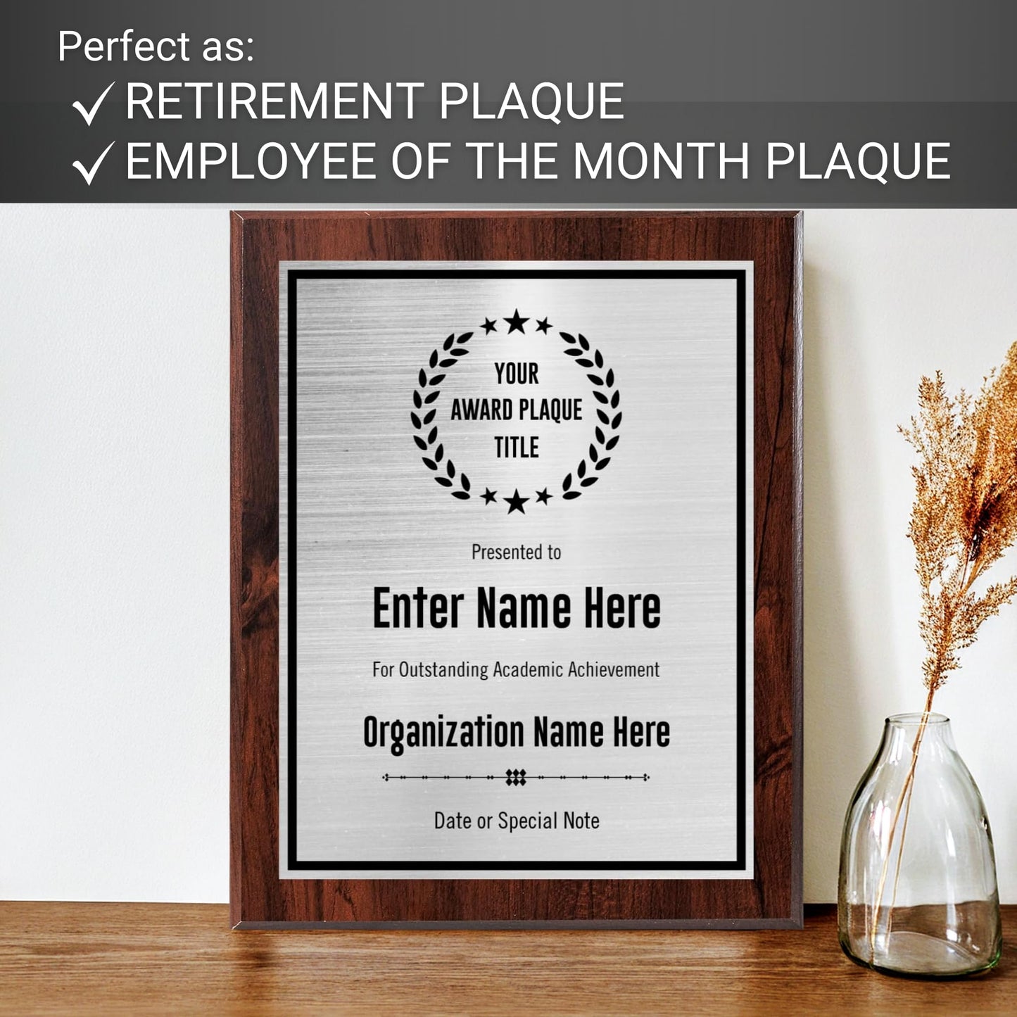 Custom Award Plaque - Add Title and Text - Perfect for Employee of the Month or Retirement gift, Thank You, Service Recognition and Appreciation Gifts - Personalized for Men/Women (UV Print Silver/Black Plate on a 8" x 10" Walnut Board)