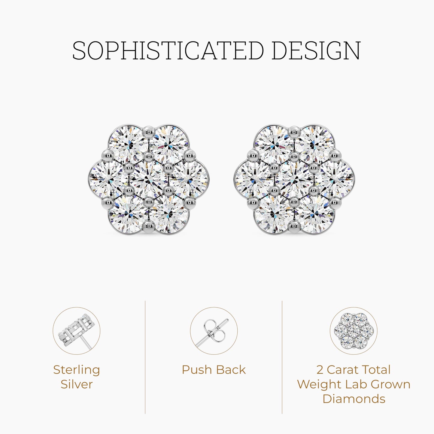 Gilded 2 Carat Total Weight Lab-Grown Diamond Stud Earrings for Women | 925 Sterling Silver | 7-Stone Flower Shaped | Hypoallergenic Fine Jewelry | Prong Setting, Push Back Nut | SI1 Clarity, F Color