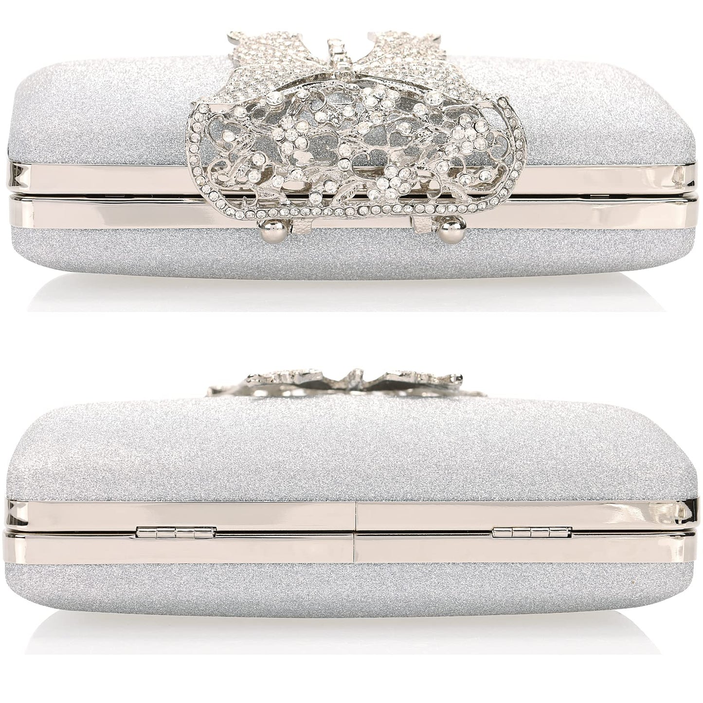 Dexmay Glitter Clutch Bag with Rhinestone Butterfly Clasp Women Evening Handbag Formal Party Purse Silver