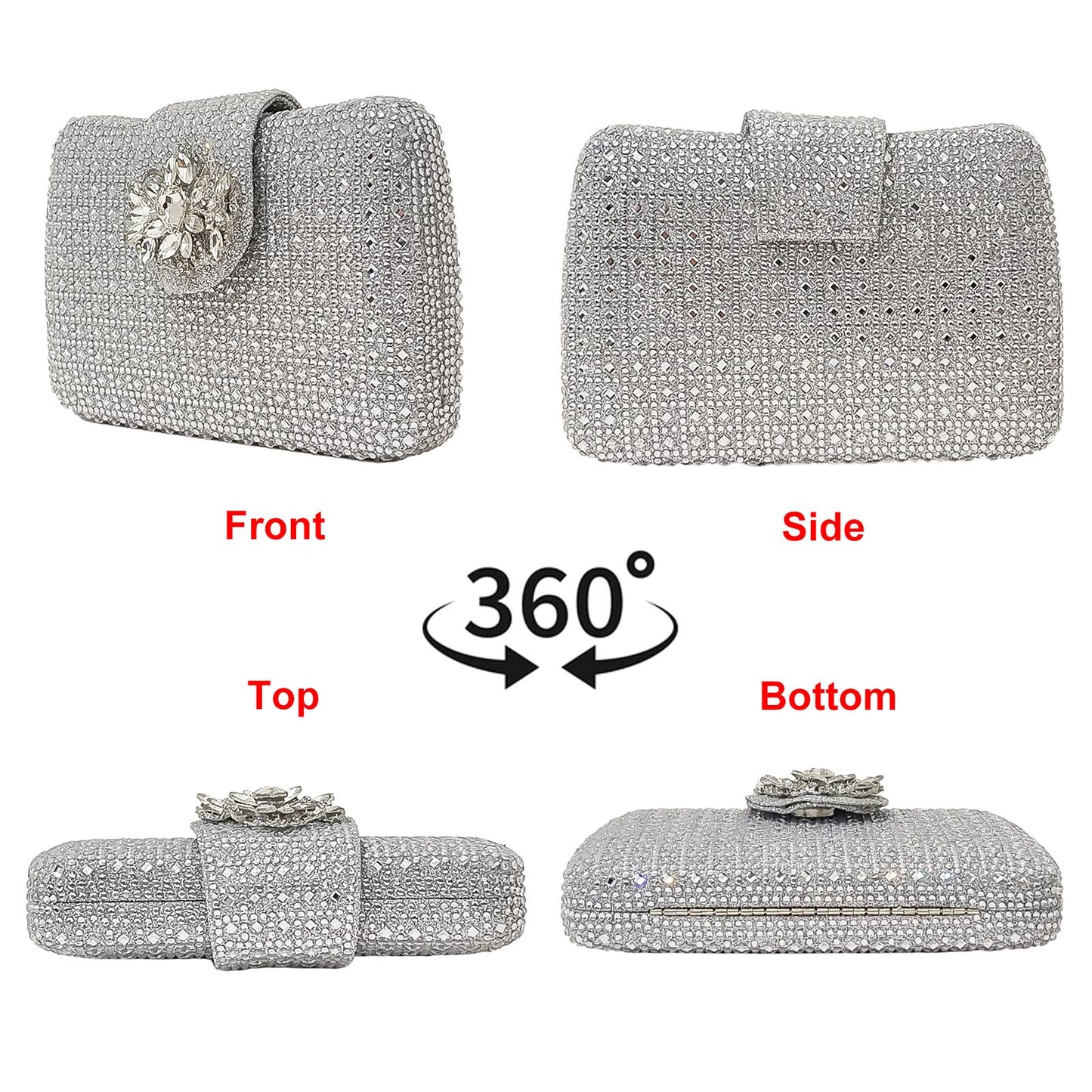 Sparkly Rhinestone Unique Evening Bag Women Floral Clutch Handbag Shoulder Bags(White Silver)