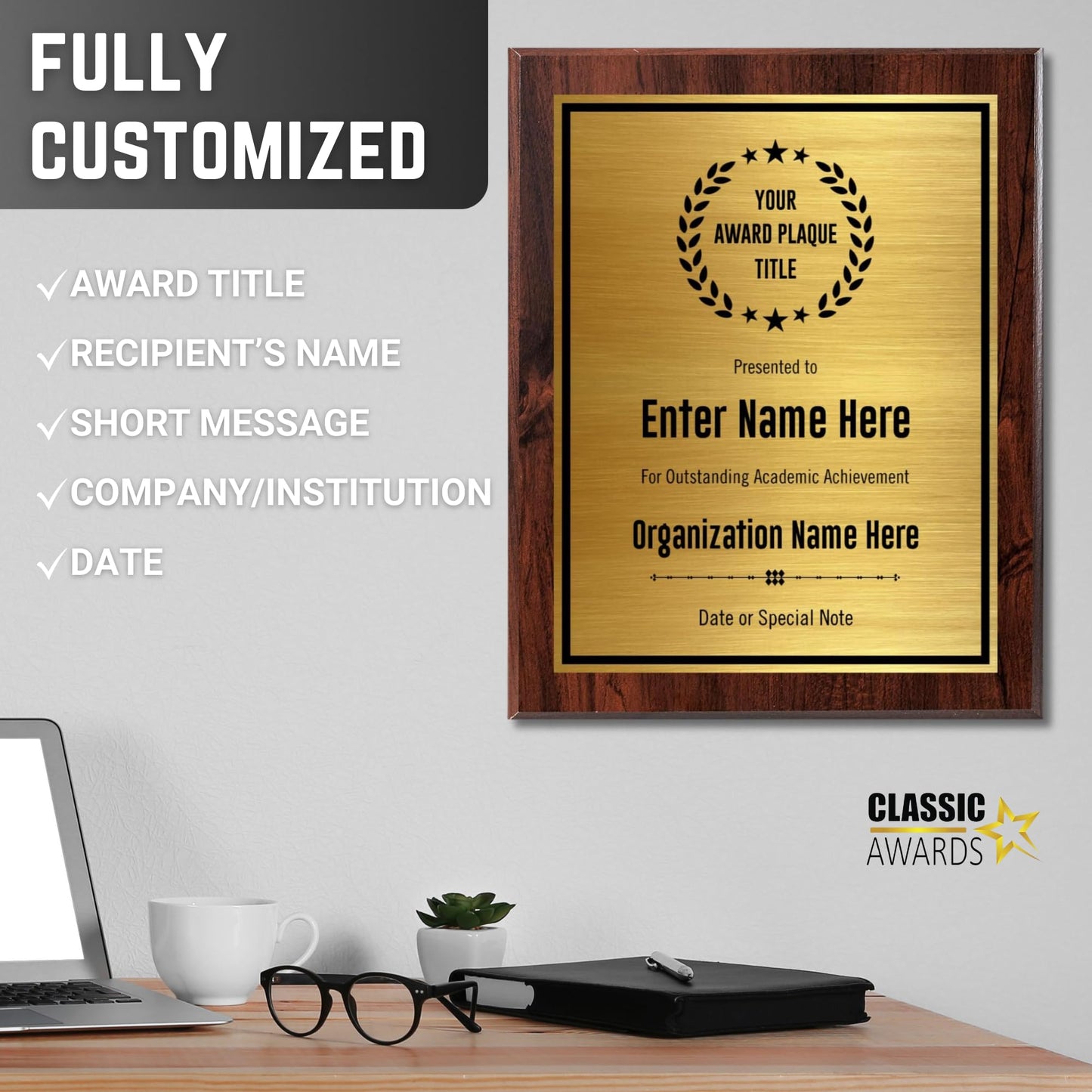Custom Plaque - Add Title and Text - Award Plaque for Employee of the Month, Perfect as Retirement Plaque, Thank You, Service Recognition and Appreciation Gifts - Personalized Plaque for Men/Women (UV Print Gold/Black Plate on a 8" x 10" Walnut Plaque)