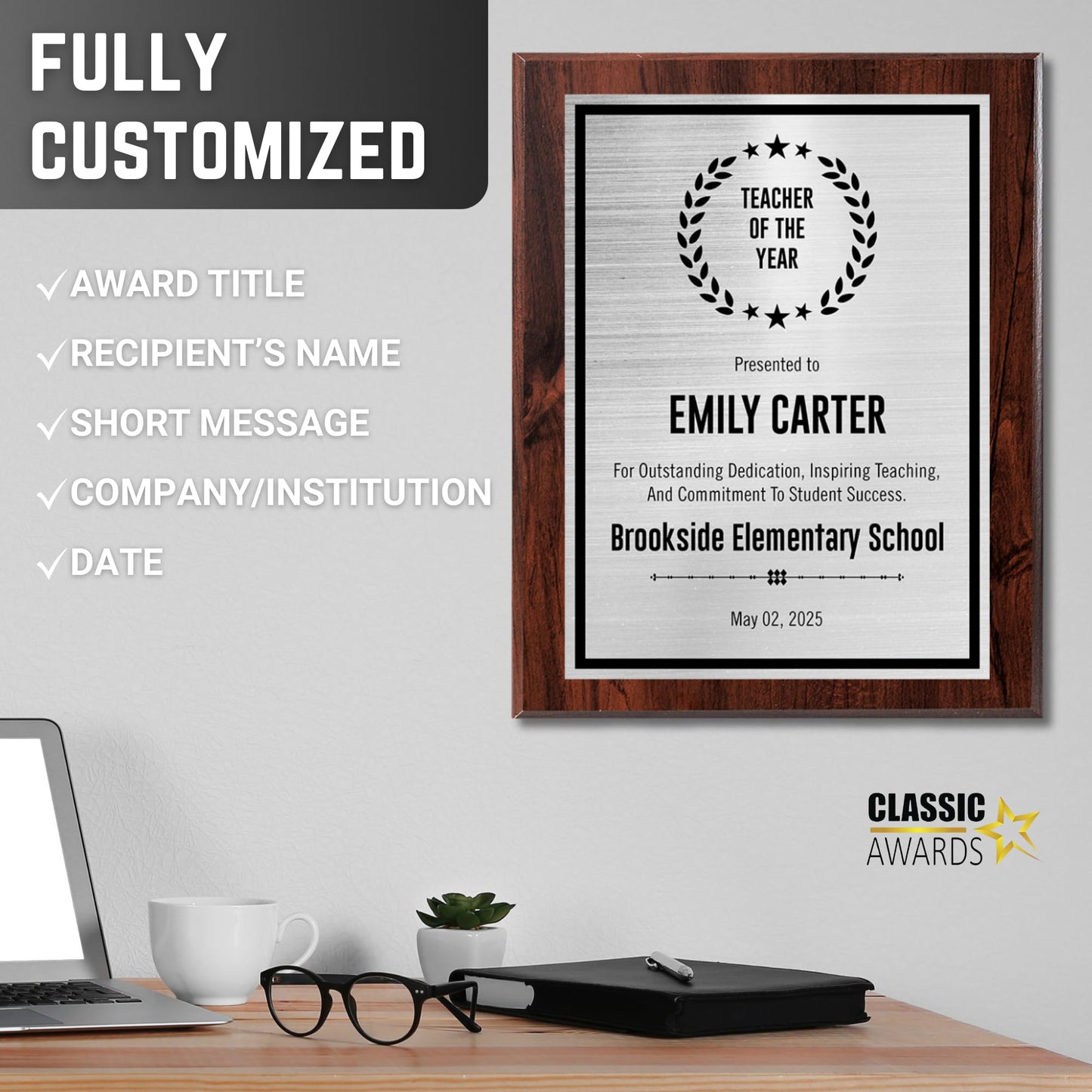 Custom Award Plaque - Add Title and Text - Perfect for Employee of the Month or Retirement gift, Thank You, Service Recognition and Appreciation Gifts - Personalized for Men/Women (UV Print Silver/Black Plate on a 8" x 10" Walnut Board)