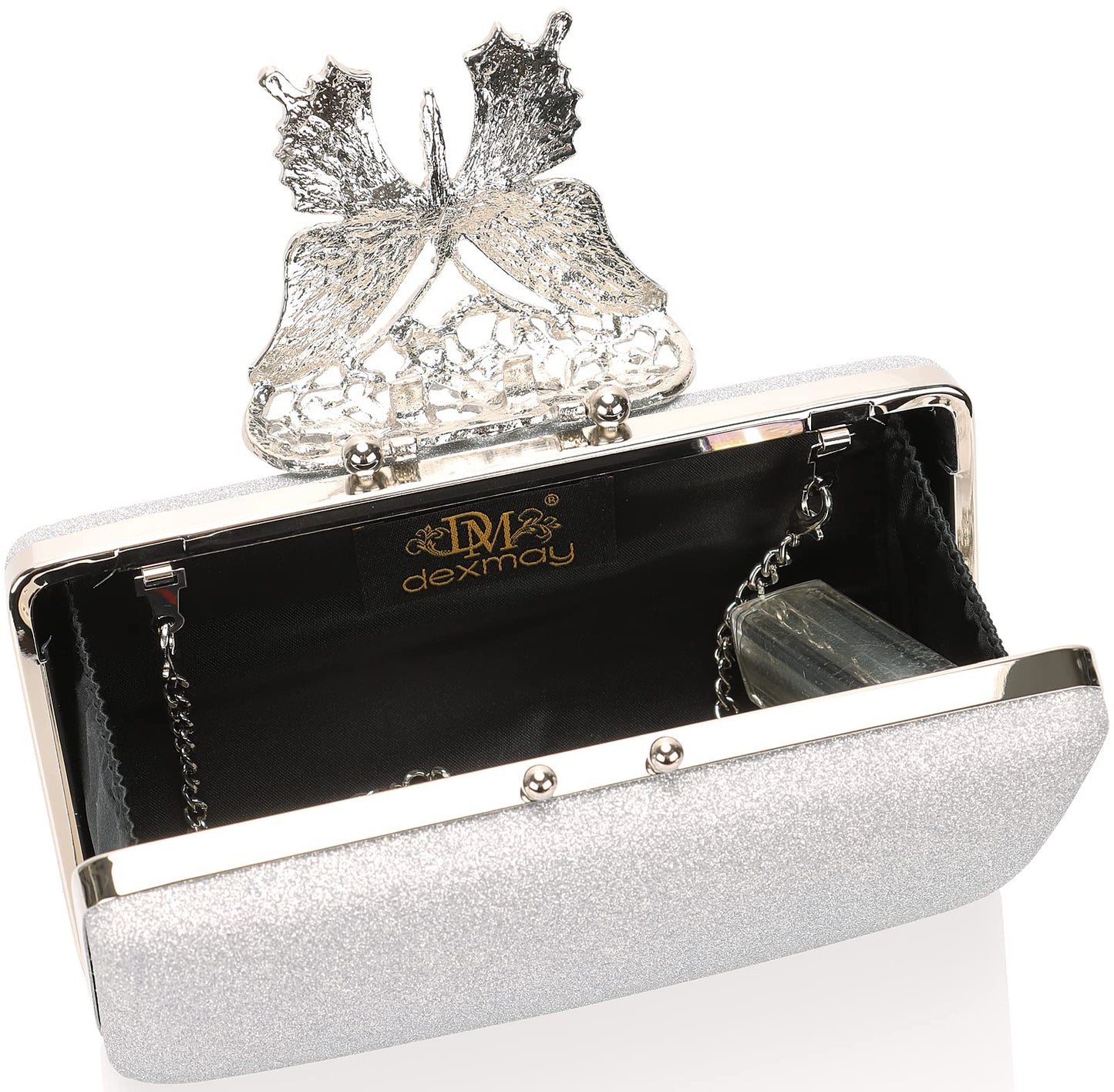 Dexmay Glitter Clutch Bag with Rhinestone Butterfly Clasp Women Evening Handbag Formal Party Purse Silver