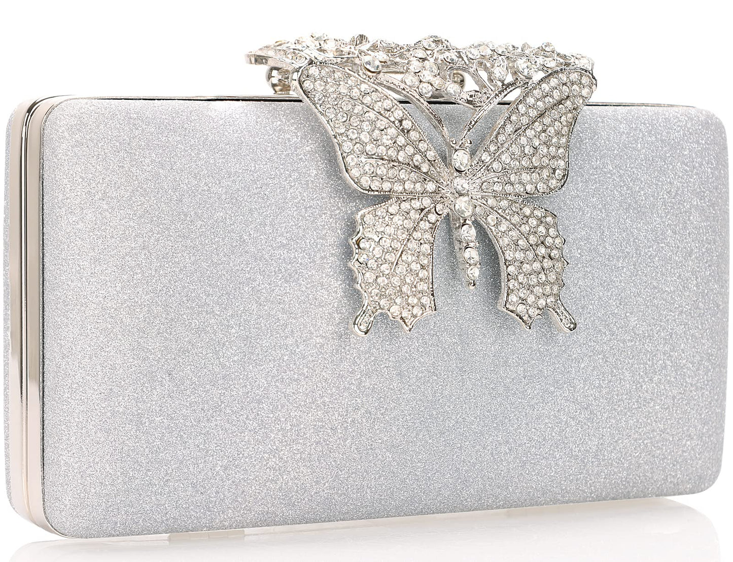 Dexmay Glitter Clutch Bag with Rhinestone Butterfly Clasp Women Evening Handbag Formal Party Purse Silver