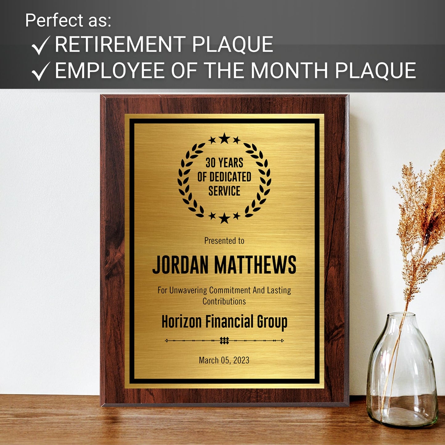Custom Plaque - Add Title and Text - Award Plaque for Employee of the Month, Perfect as Retirement Plaque, Thank You, Service Recognition and Appreciation Gifts - Personalized Plaque for Men/Women (UV Print Gold/Black Plate on a 8" x 10" Walnut Plaque)