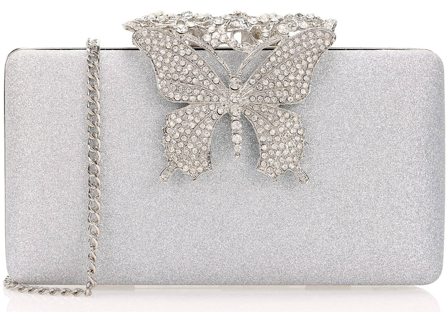 Dexmay Glitter Clutch Bag with Rhinestone Butterfly Clasp Women Evening Handbag Formal Party Purse Silver