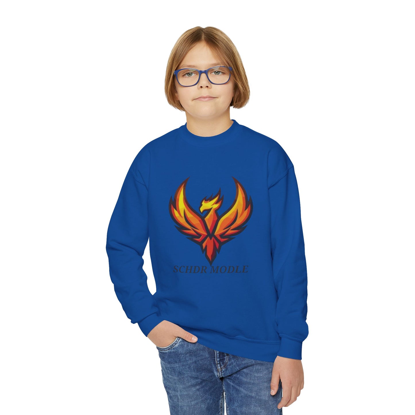 Phoenix Graphic Youth Sweatshirt — "SCHDR MODLE" Logo Crewneck