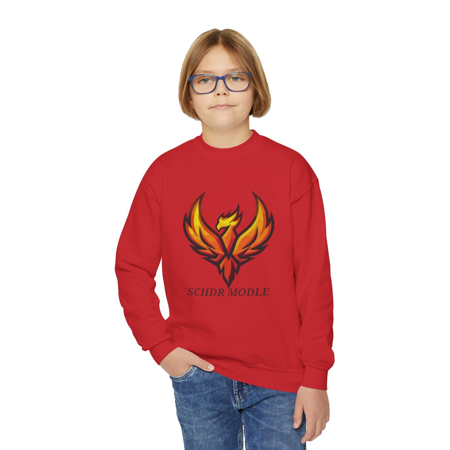 Phoenix Graphic Youth Sweatshirt — "SCHDR MODLE" Logo Crewneck