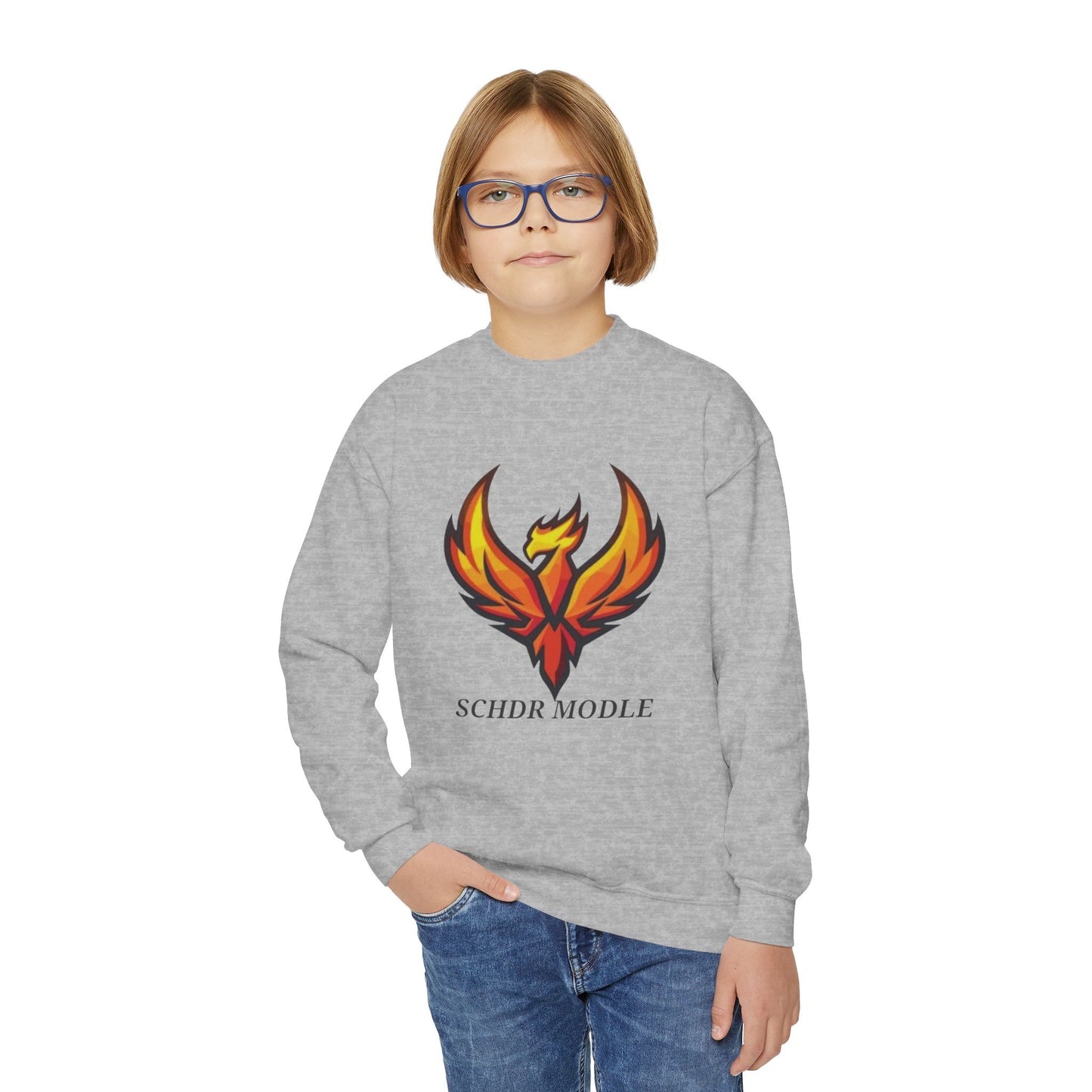 Phoenix Graphic Youth Sweatshirt — "SCHDR MODLE" Logo Crewneck