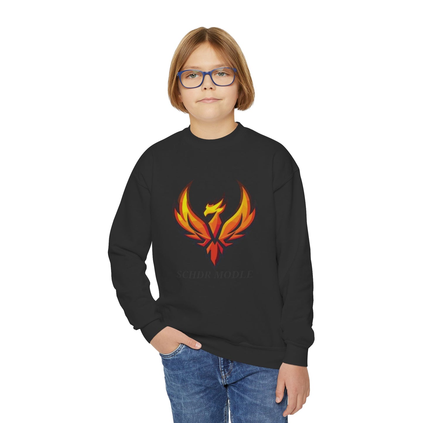 Phoenix Graphic Youth Sweatshirt — "SCHDR MODLE" Logo Crewneck
