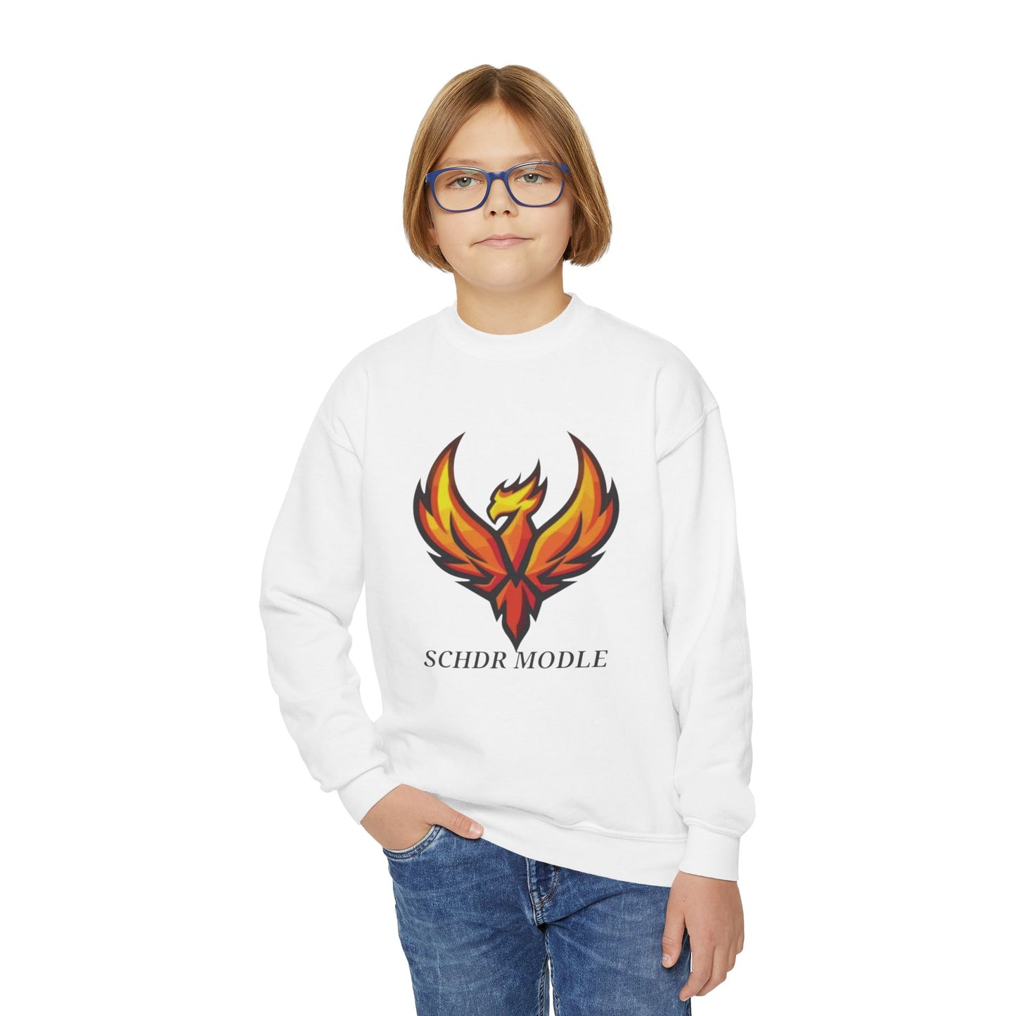 Phoenix Graphic Youth Sweatshirt — "SCHDR MODLE" Logo Crewneck