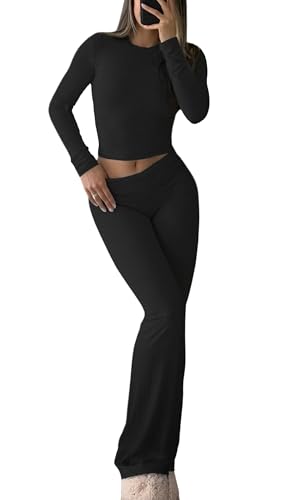 Women's 2 Piece Casual Outfits Pajama Slim Fit Long Sleeve Top Fold-Over Bell Bottoms Cotton Jersey Set Black