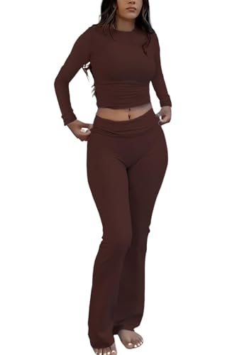ZFLM Casual Workout Two Piece Outfits Long Sleeve High Waist Fold-Over Flared Leggings Pants Tracksuit Sets Streetwear
