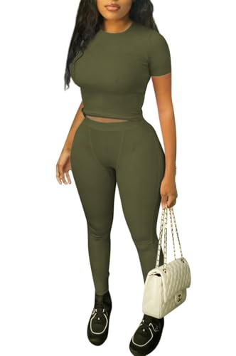 ZFLM Casual Workout Two Piece Outfits for Women Fitted Crew Neck T-shirt High Waist Pants Matching Sets Streetwear