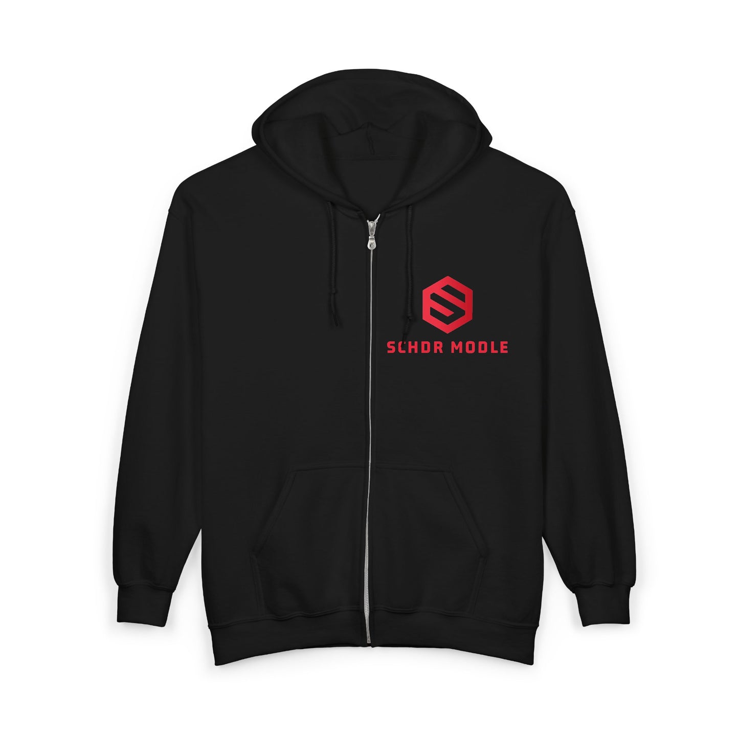 School Mode Zip Hoodie — Minimalist Red Logo Full‑Zip Sweatshirt