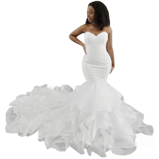 XYAYE Mermaid White Wedding Dresses for Bride 2022 Cascading Ruffles Wedding Gowns for Women Strapless Sweetheart Bridal Gowns with Train 16