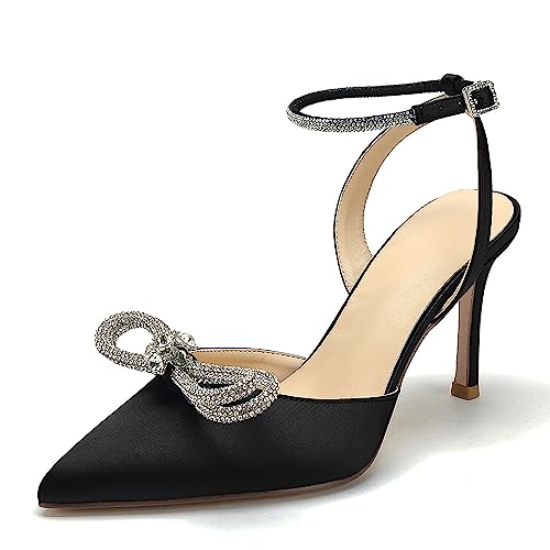 Deidach Women's Pointed Toe High Stilettos Satin Ankle Strap Crystal Pumps Wedding Bridal Party Dress Heeled Sandals Black