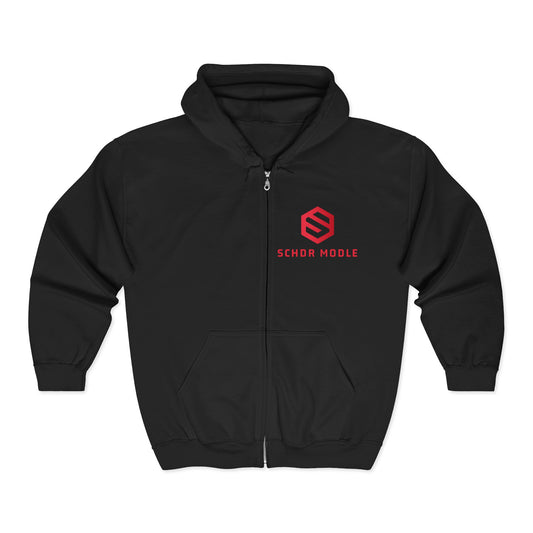 School Mode Zip Hoodie — Minimalist Red Logo Full‑Zip Sweatshirt