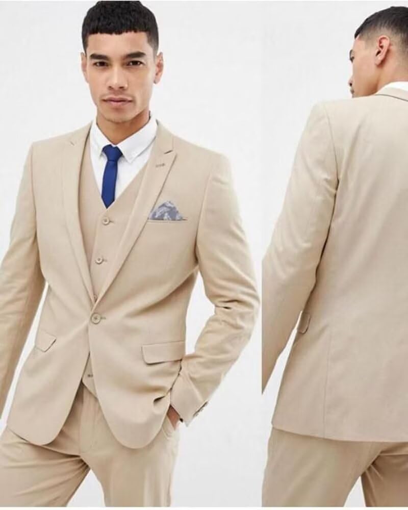 HUUTOE Beige Tuxedo for Men Tan Mens 3 Piece Suit Beige Tux Prom Suits for Men Regular Fit Wedding Summer Cream Tux Suit Set with Vest - Ternos de Vestir para Hombres XL Pants
