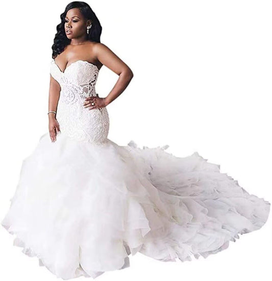 Bridal Dresses for Wedding Mermaid White Tulle Long Sweetheart Boho Wedding Dress Lace Pleated Size 12