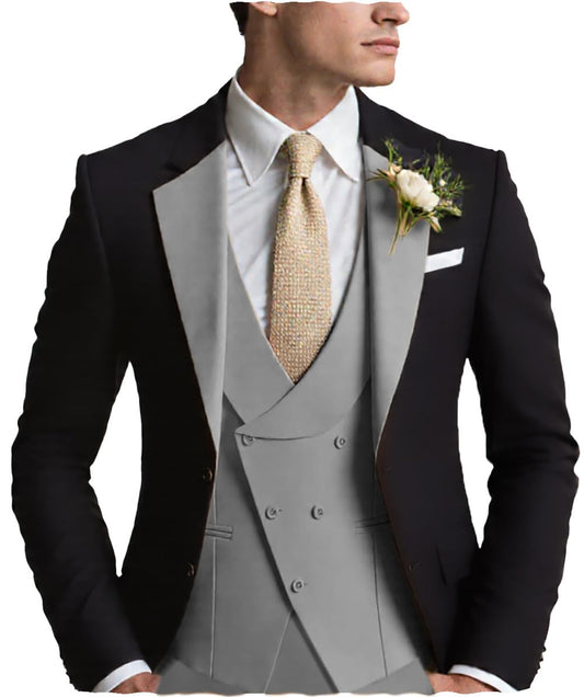 Jiutian Lanyue Formal Men's Suits Slim Fit 3 Piece Business Jacket Tuxedos Blazer+Vest+Trousers Wedding Grooms(Silver,38R)