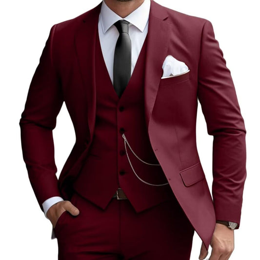Mens 3 Pieces Classic Suit Wedding Blazer Grooms Jackets Vests Pants Suits Dark Burgundy