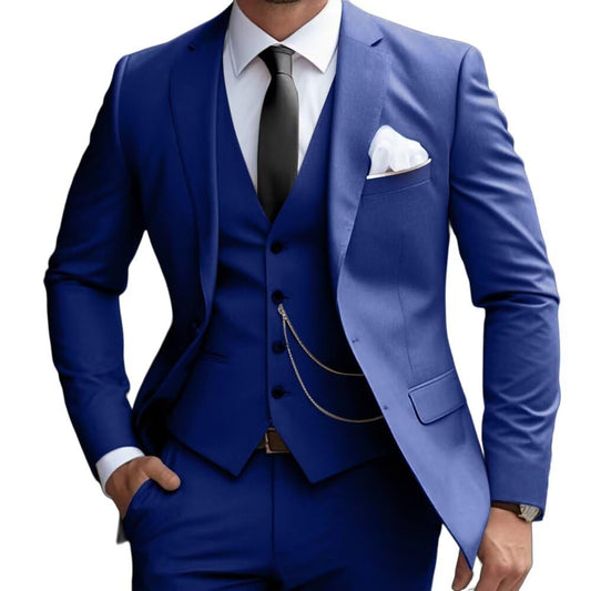 Mens 3 Pieces Classic Suit Wedding Blazer Grooms Jackets Vests Pants Suits Royal Blue
