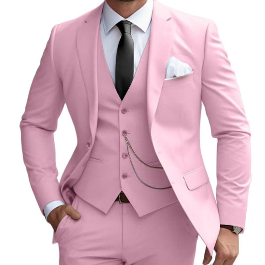 Mens 3 Pieces Classic Suit Wedding Blazer Grooms Jackets Vests Pants Suits Pink M