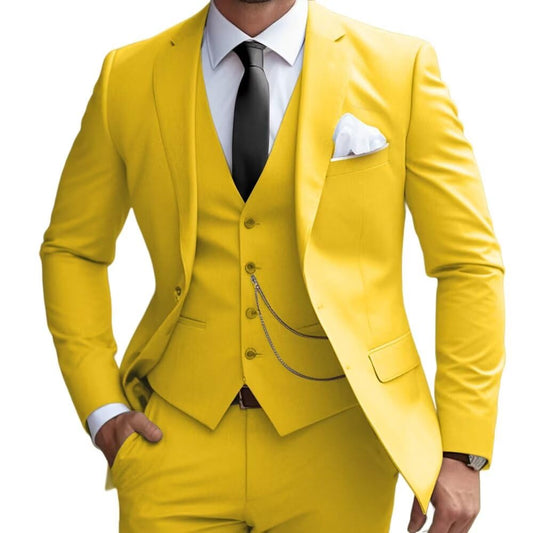 Mens 3 Pieces Classic Suit Wedding Blazer Grooms Jackets Vests Pants Suits Yellow Medium
