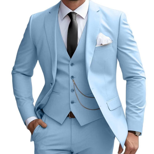Mens 3 Pieces Classic Suit Wedding Blazer Grooms Jackets Vests Pants Suits Sky Blue