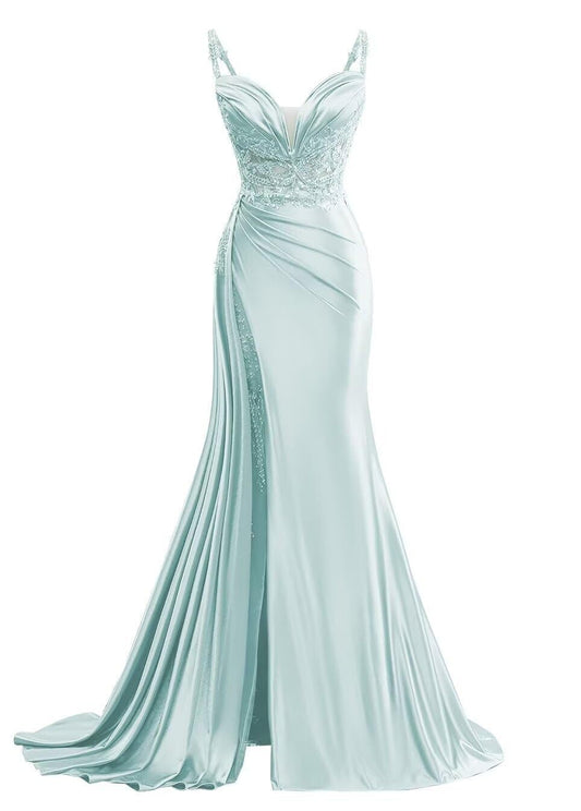V Neck Satin Prom Dress 2026 Long Mermaid Lace Evening Gown with Slit Pleated Bodycon Formal Dress with Tail Baby Blue