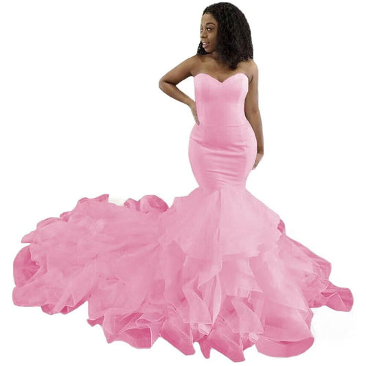 XYAYE Mermaid Satin Wedding Dresses for Bride with Cascading Ruffles Strapless Sweetheart Wedding Gowns for Women 2024 Pink 20 Plus Size