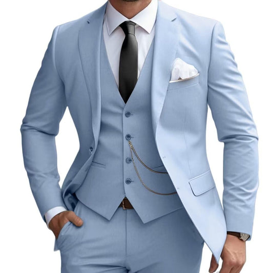 Mens 3 Pieces Classic Suit Wedding Blazer Grooms Jackets Vests Pants Suits Light Blue M