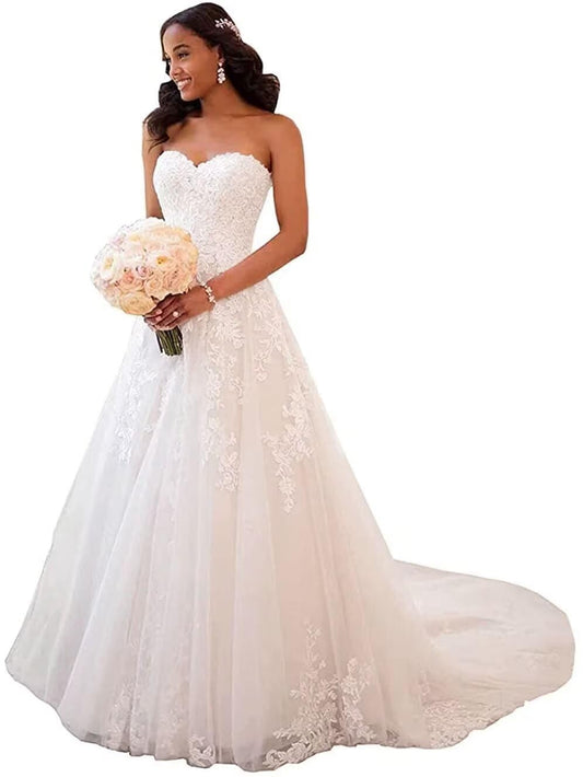 Plus Size Off The Shoulder Lace Applique Wedding Dress for Bride Long Tulle A-Line Bridal Gown with Sweep Train White 16W
