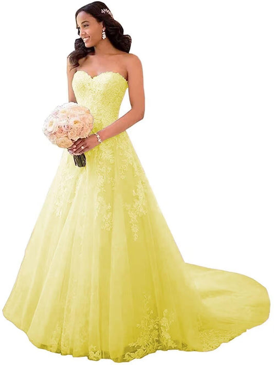 Mouccy Glitter Strapless Lace Wedding Dresses Puffy Yellow Sweet 15 16 Birthday Gowns Pearly Tulle Prom Dresses 12
