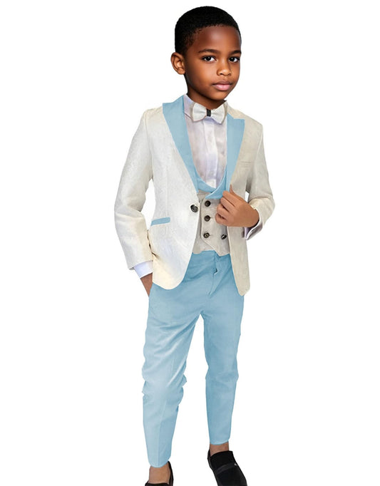 KSWYCT Kids Tuxedo Suit for Boys Formal Sky Blue Suits 3 Piece Slim Fit Jacquard Wedding Outfit for Boys Size 3